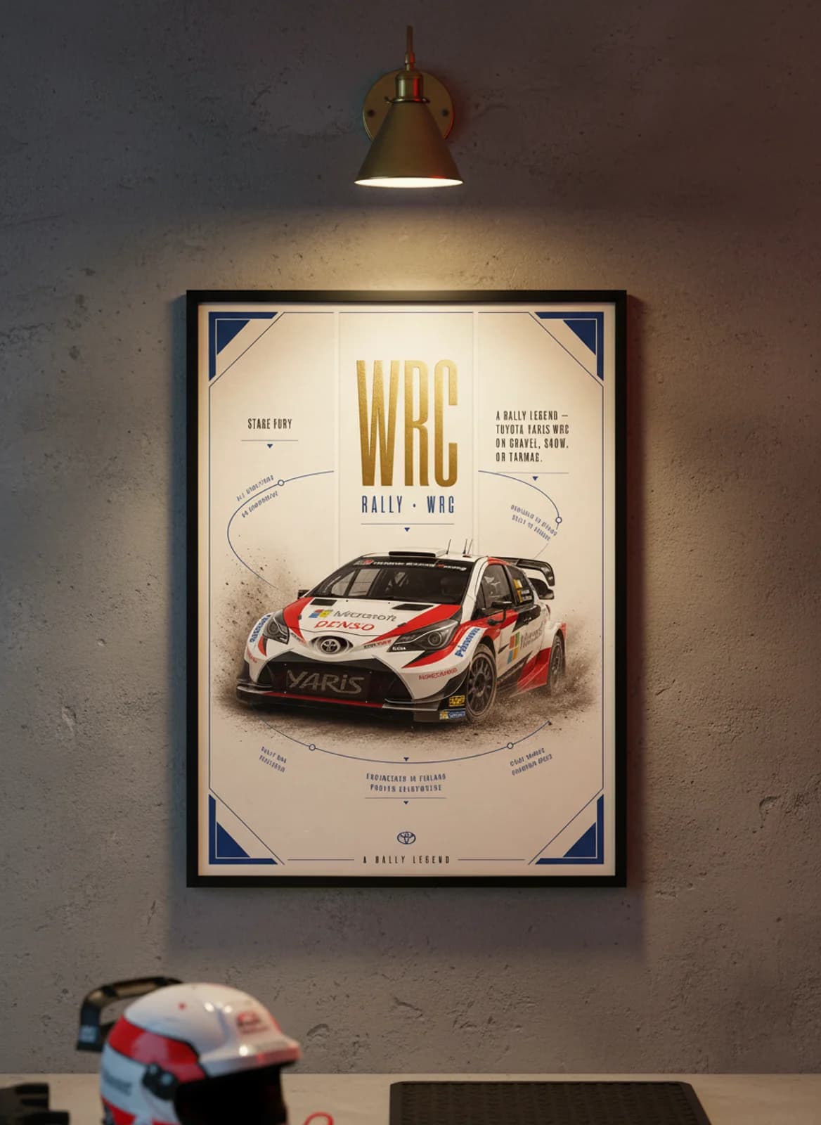 Toyota Yaris WRC Group B rally print in black A2 frame on warm-cream-newsprint warm-graphite wall — Group B WEC mockup