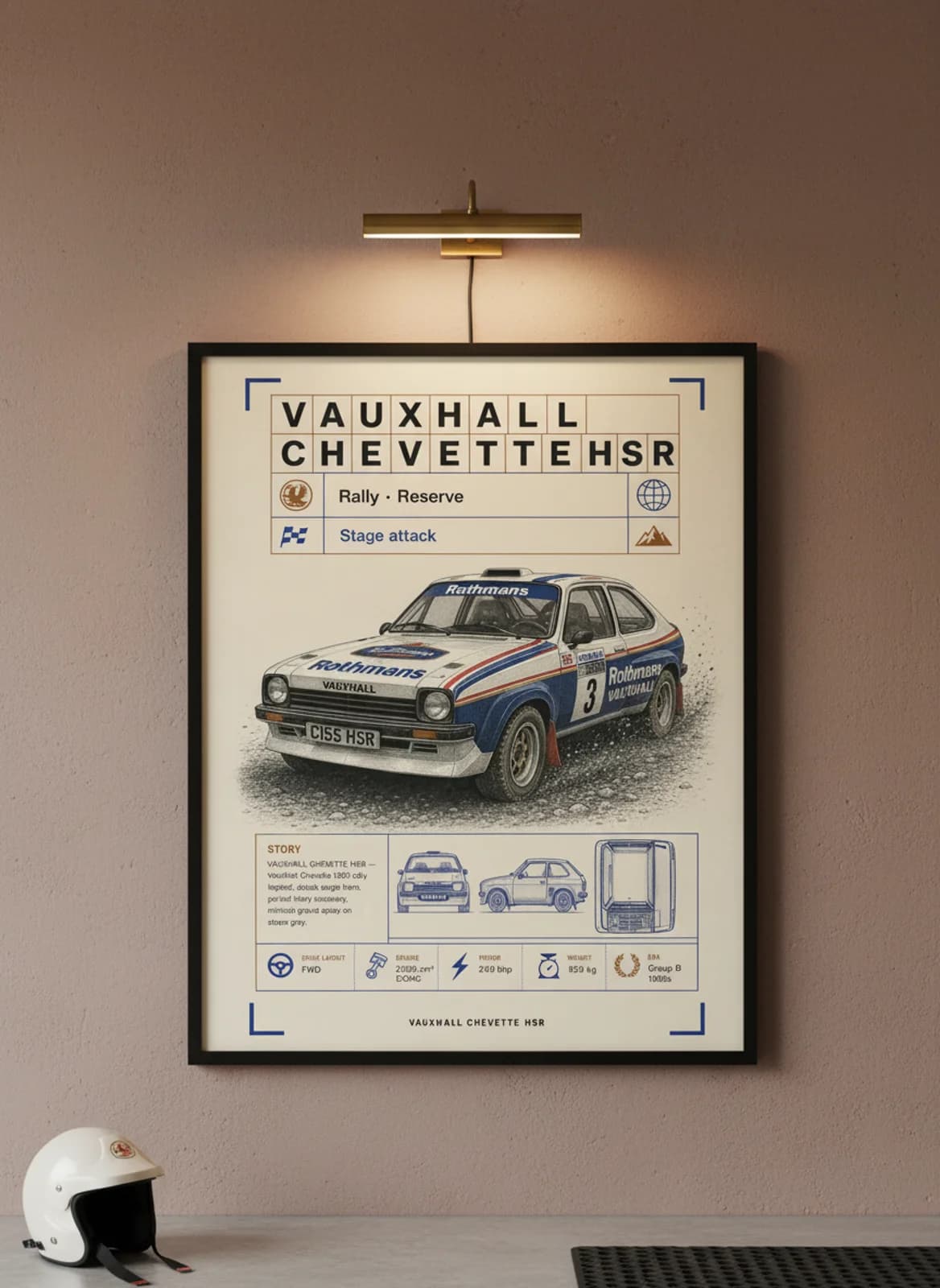 Vauxhall Chevette HSR Group B rally print in black A2 frame on warm-cream-newsprint warm-graphite wall — Group B WEC mockup