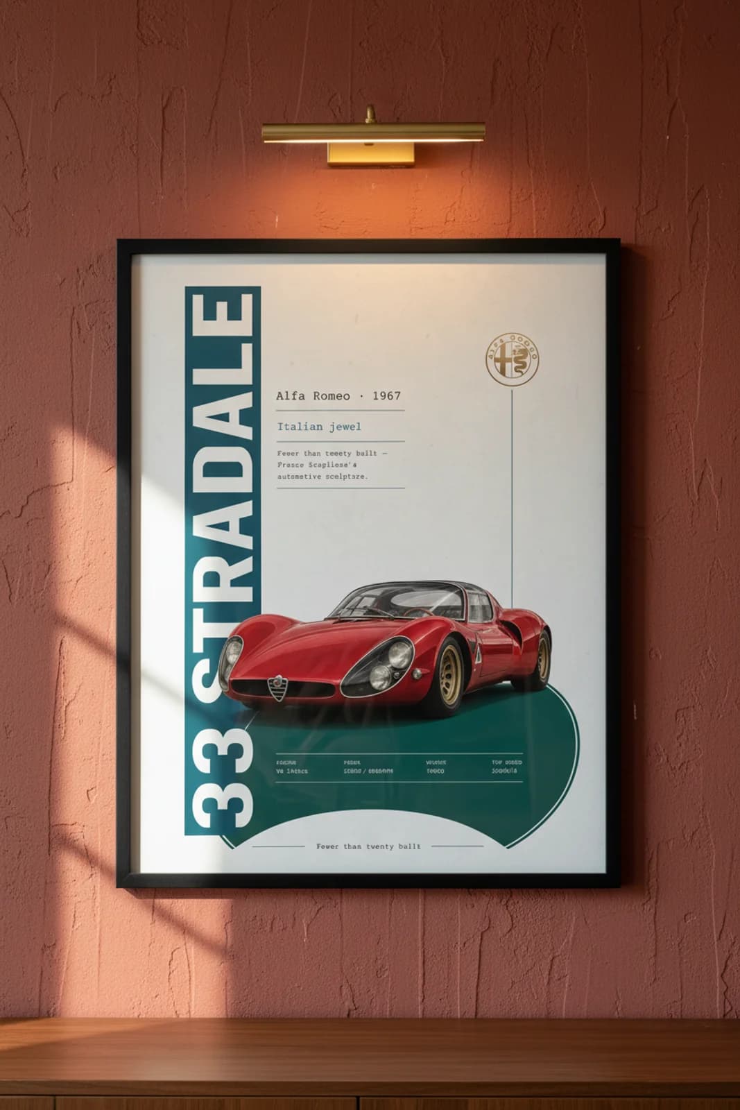33 Stradale poster in black A2 frame on rosso-alfa lime-wash wall — Heritage Icons collector lounge mockup