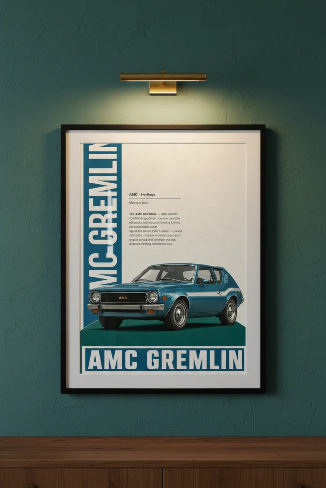 Gremlin poster in black A2 frame on teal-body lime-wash wall — Heritage Icons collector lounge mockup