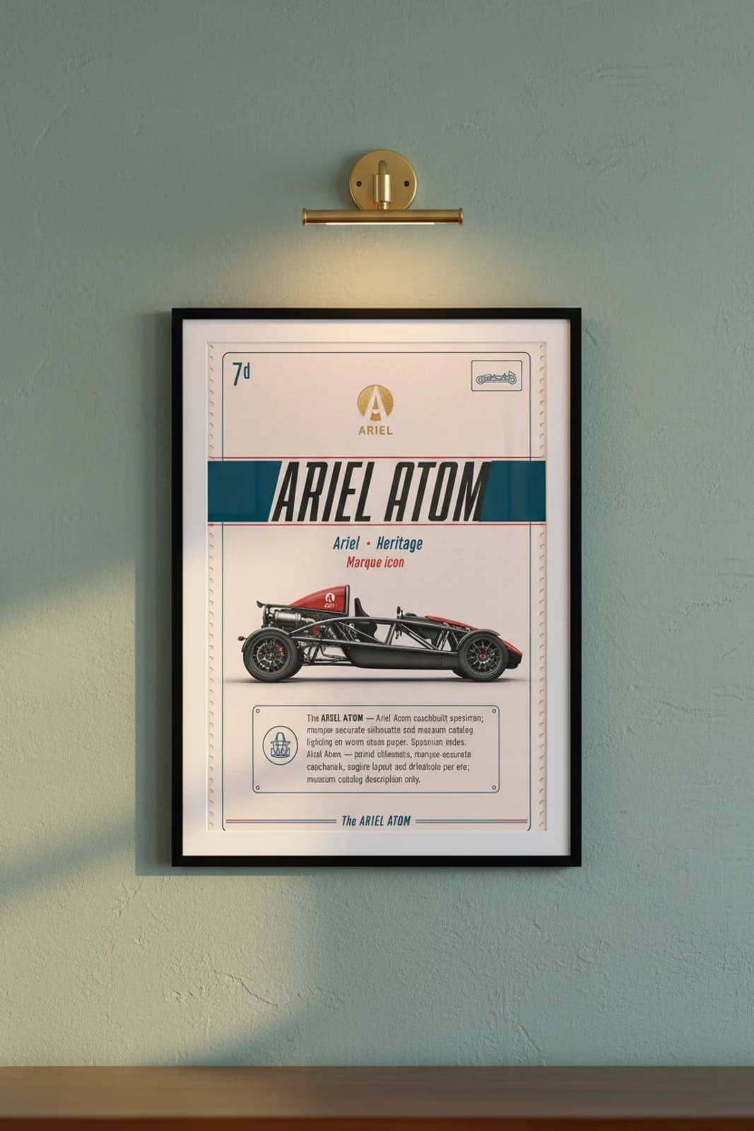 Atom poster in black A2 frame on teal-title-band lime-wash wall — Heritage Icons collector lounge mockup