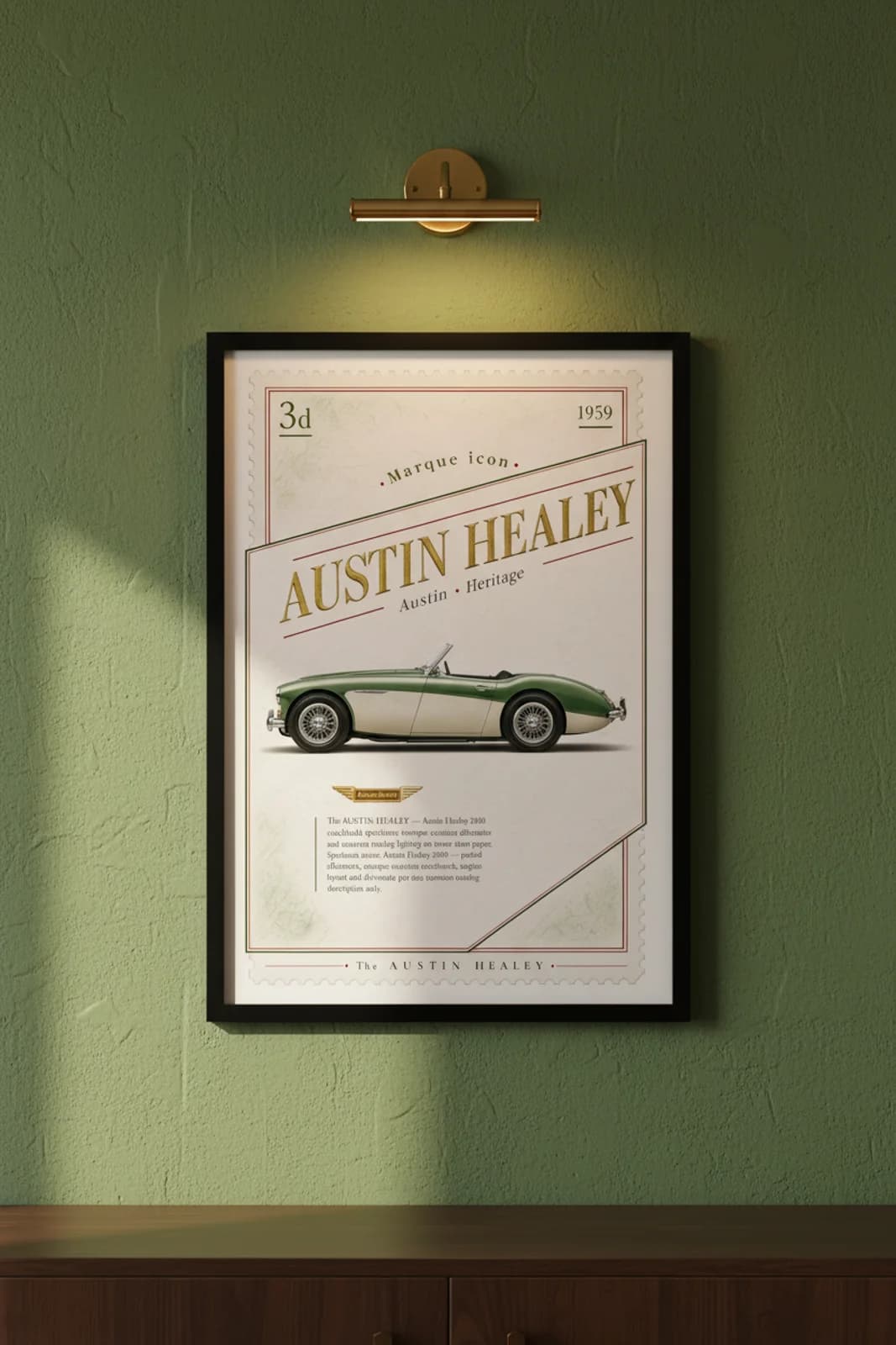 3000 poster in black A2 frame on british-racing-green lime-wash wall — Heritage Icons collector lounge mockup