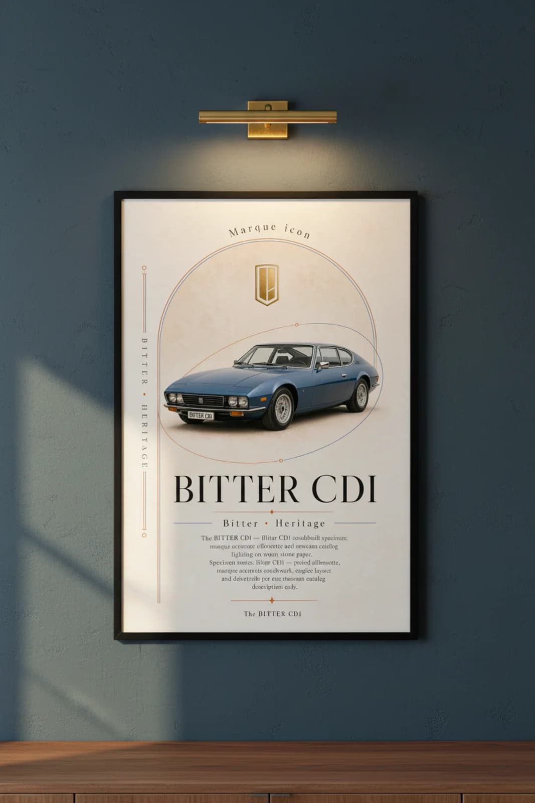 Bitter CDI poster in black A2 frame on dark-blue lime-wash wall — Heritage Icons collector lounge mockup