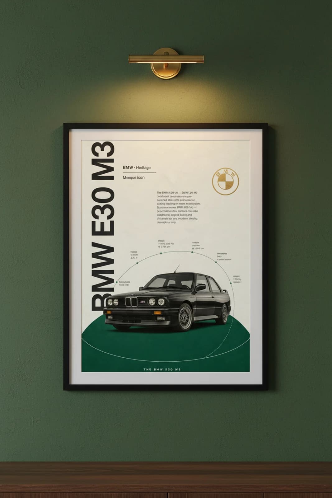 E30 M3 poster in black A2 frame on british-racing-green lime-wash wall — Heritage Icons collector lounge mockup