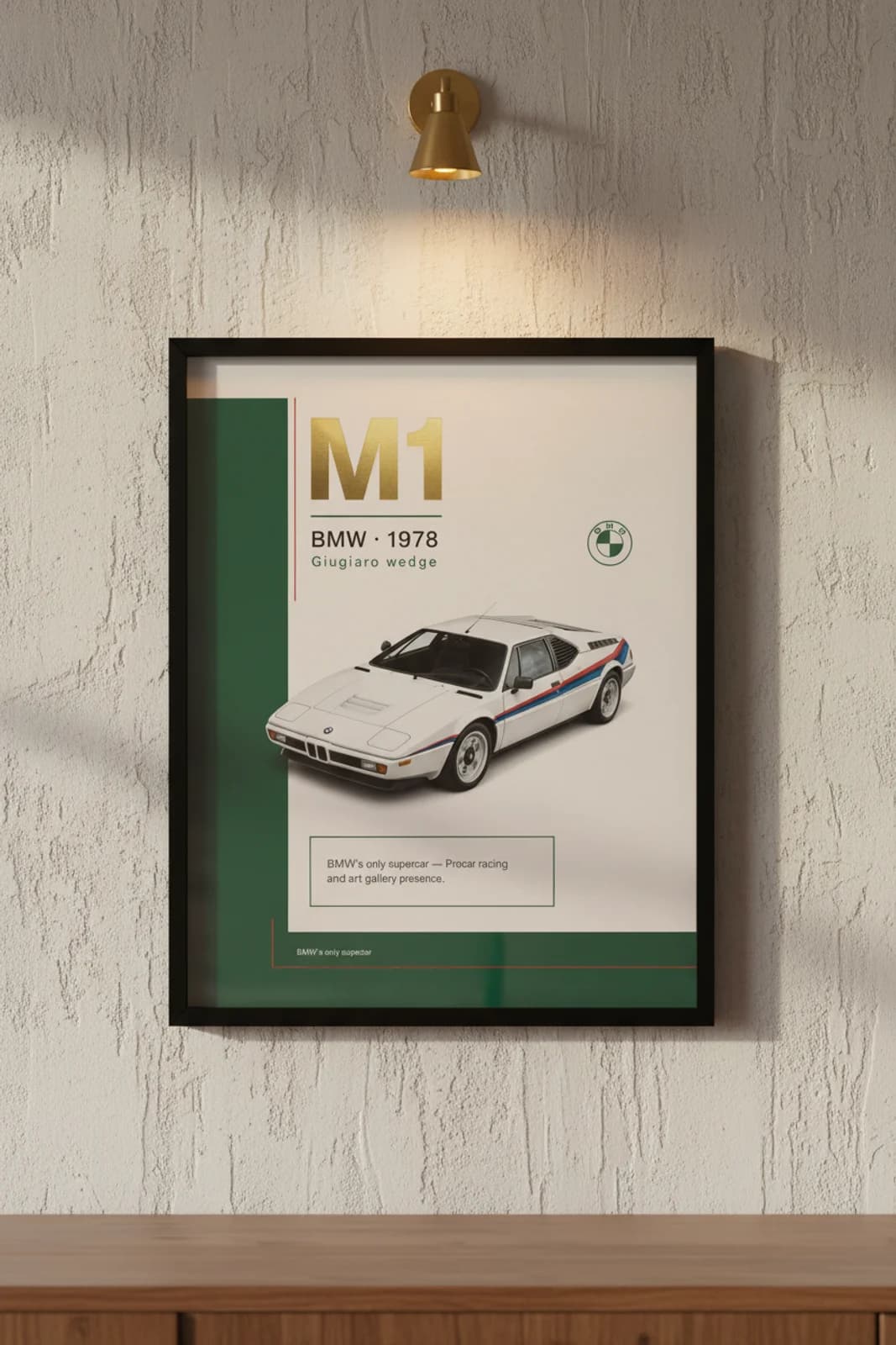 M1 poster in black A2 frame on white-m1-hero lime-wash wall — Heritage Icons collector lounge mockup