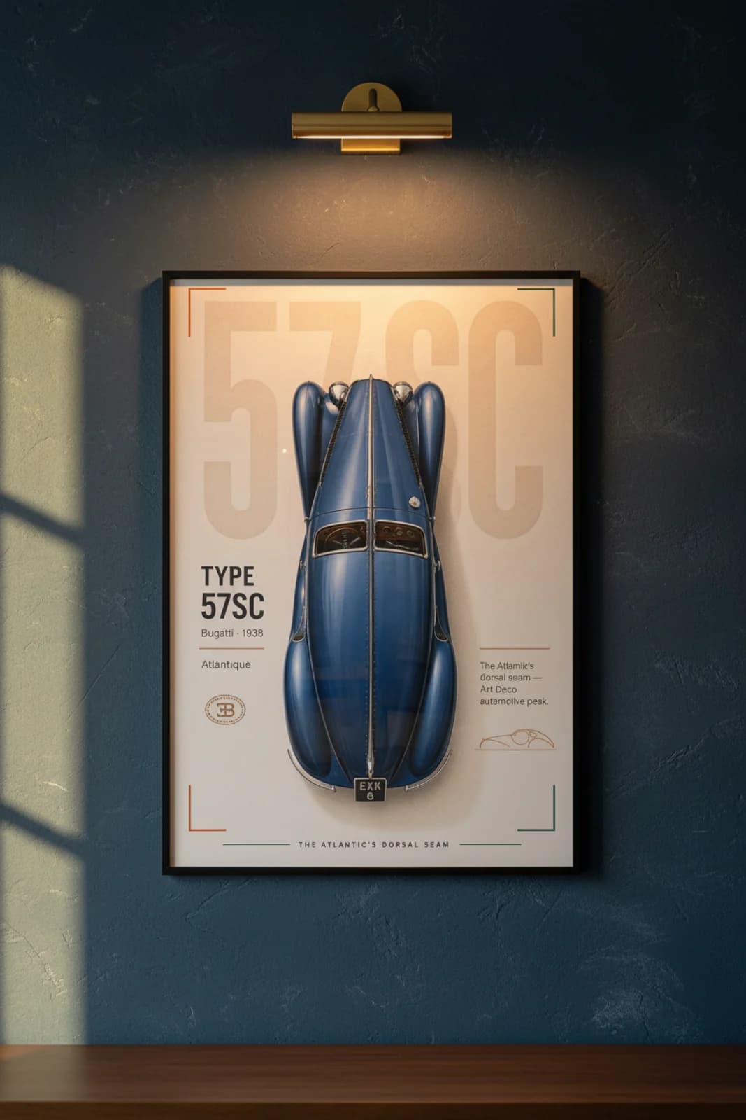 Type 57SC Atlantic poster in black A2 frame on deep-blue-atlantic lime-wash wall — Heritage Icons collector lounge mockup