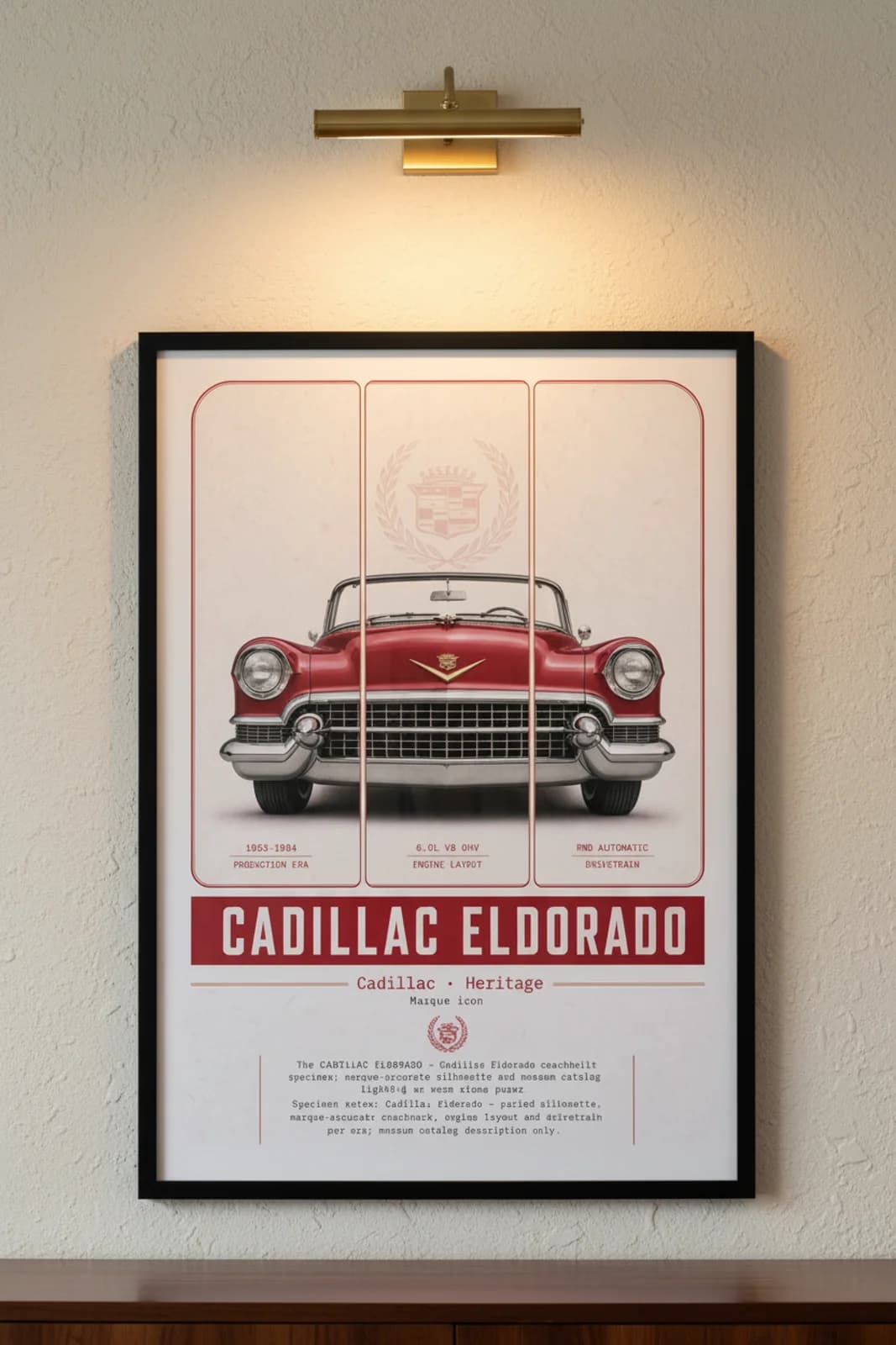 Eldorado poster in black A2 frame on toreador-red lime-wash wall — Heritage Icons collector lounge mockup