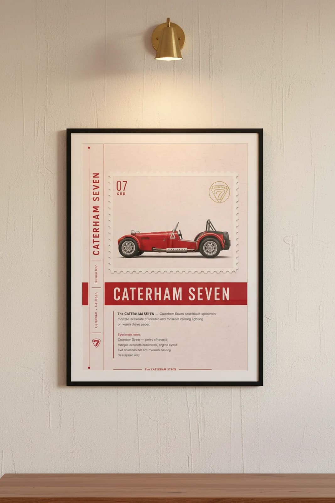 Seven poster in black A2 frame on cherry-red lime-wash wall — Heritage Icons collector lounge mockup