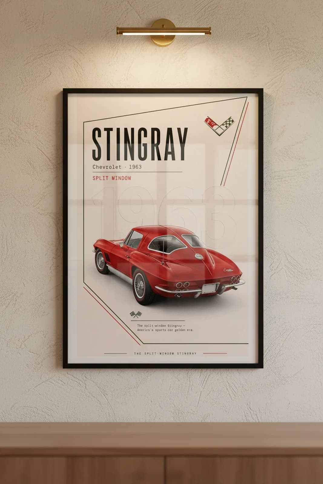 Stingray poster in black A2 frame on sebring-red lime-wash wall — Heritage Icons collector lounge mockup
