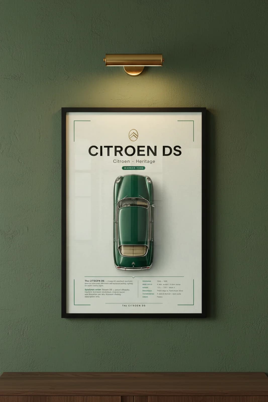Citroën DS poster in black A2 frame on british-racing-green lime-wash wall — Heritage Icons collector lounge mockup