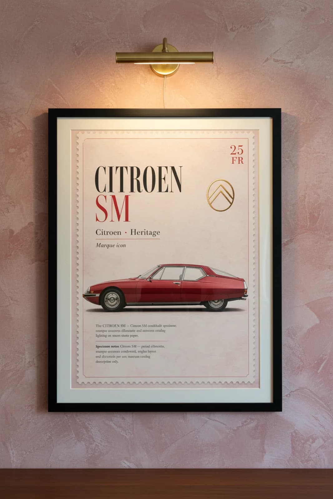 Citroën SM poster in black A2 frame on crimson-sm-body lime-wash wall — Heritage Icons collector lounge mockup