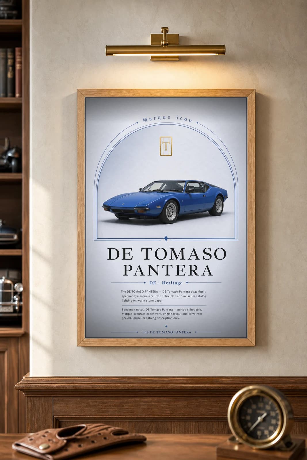 Pantera poster in black A2 frame on cobalt-electric-blue lime-wash wall — Heritage Icons collector lounge mockup