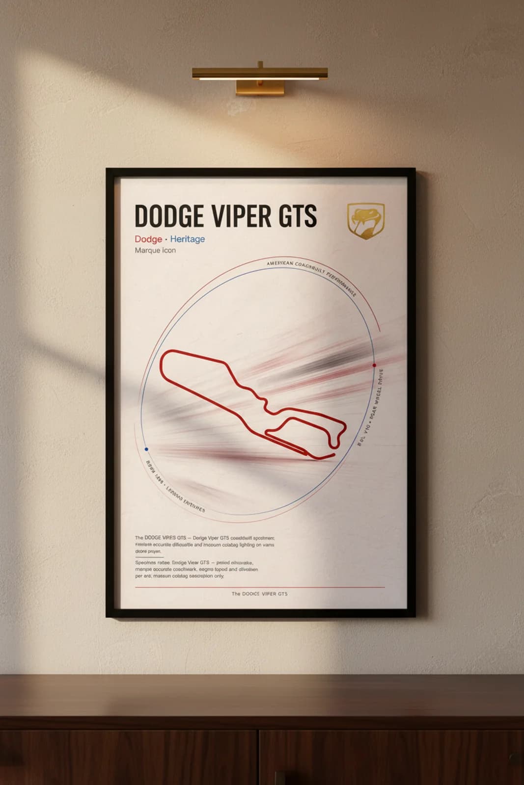 Dodge Viper GTS poster in black A2 frame on red-plan-silhouette lime-wash wall — Heritage Icons collector lounge mockup