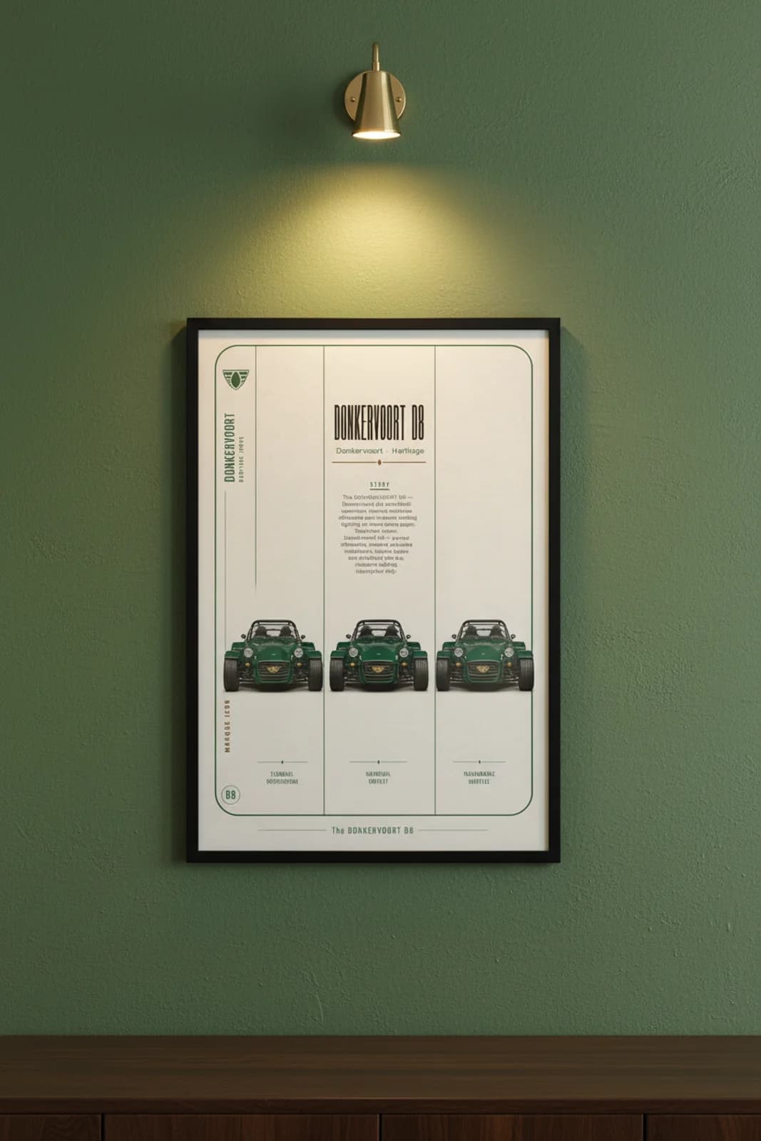 Donkervoort D8 poster in black A2 frame on bottle-green-car lime-wash wall — Heritage Icons collector lounge mockup