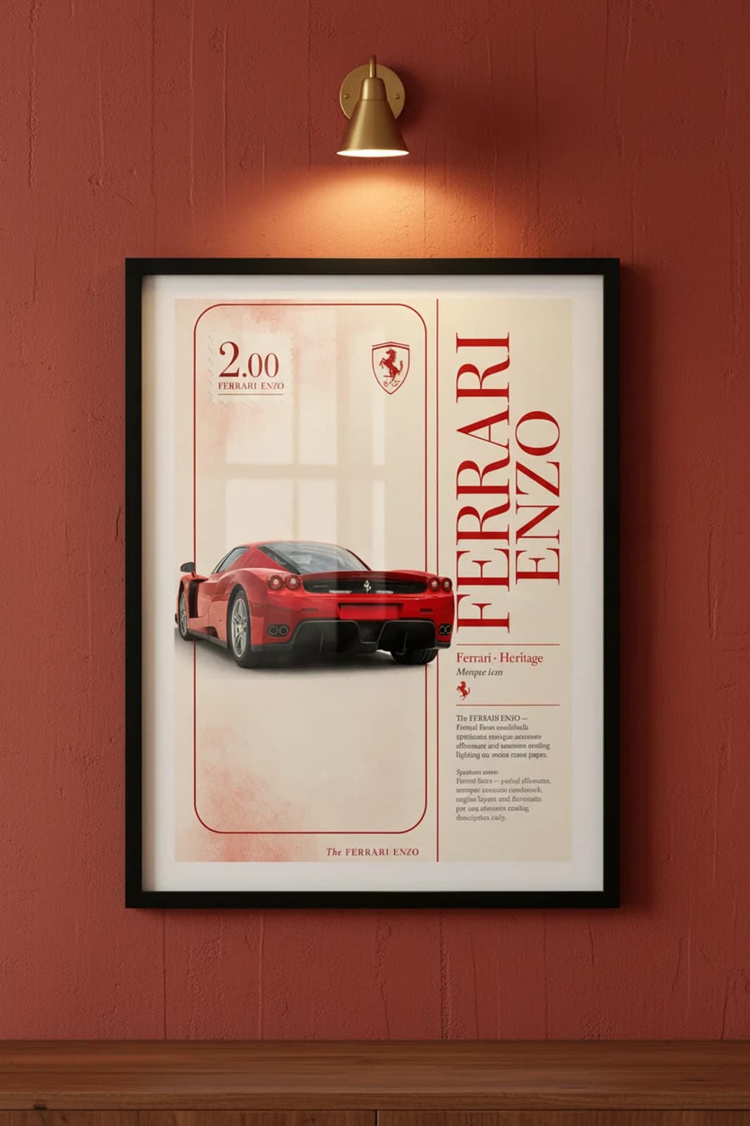 Ferrari Enzo poster in black A2 frame on rosso-red-body lime-wash wall — Heritage Icons collector lounge mockup