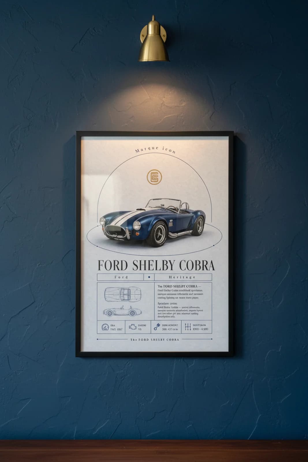 Ford Shelby Cobra poster in black A2 frame on cobalt-blue-body lime-wash wall — Heritage Icons collector lounge mockup