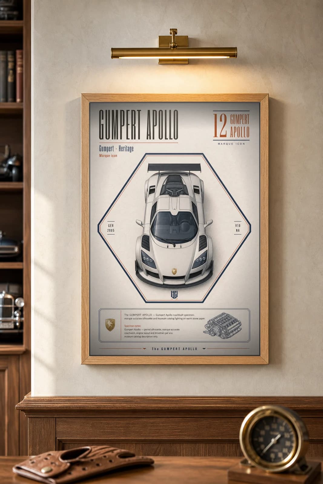 Gumpert Apollo poster in black A2 frame on white-body lime-wash wall — Heritage Icons collector lounge mockup