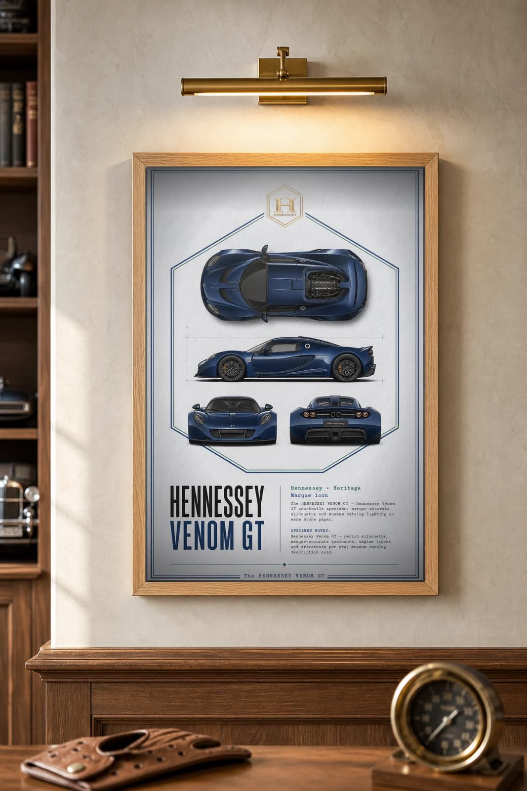 Hennessey Venom GT poster in black A2 frame on deep-cobalt-blue-body lime-wash wall — Heritage Icons collector lounge mockup