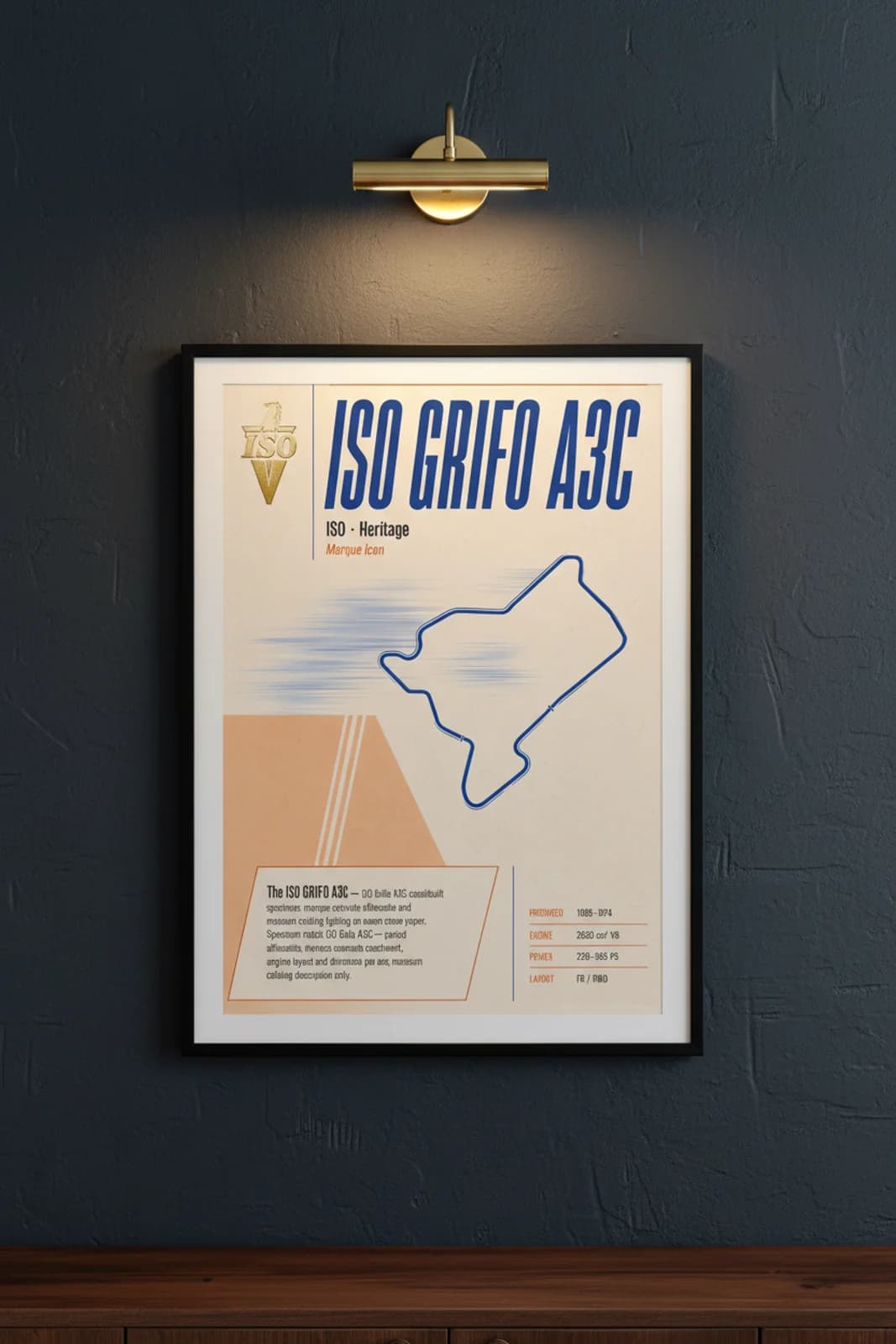 Grifo A3C poster in black A2 frame on navy-ink lime-wash wall — Heritage Icons collector lounge mockup