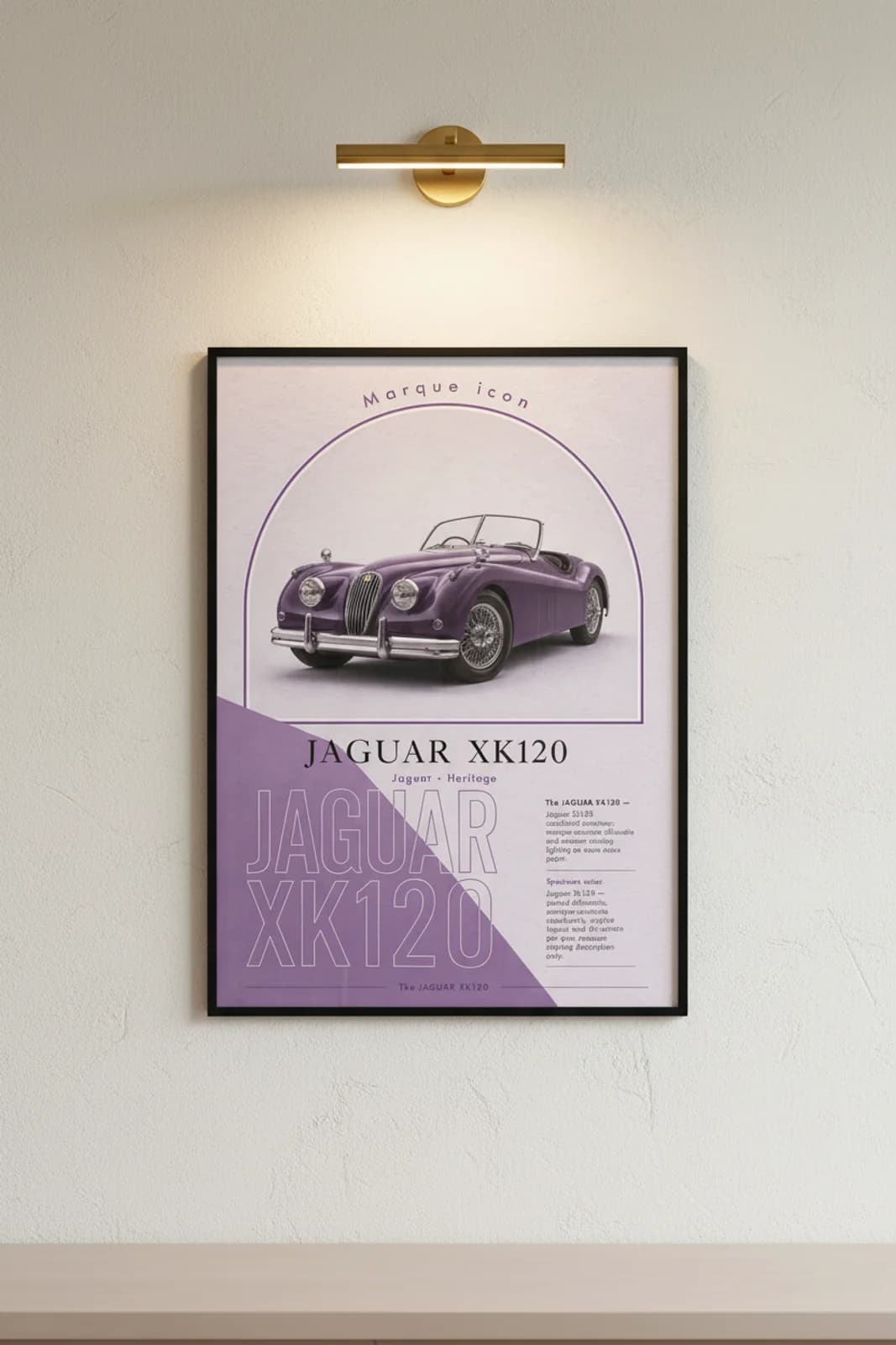 XK120 poster in black A2 frame on white-arch-frame lime-wash wall — Heritage Icons collector lounge mockup