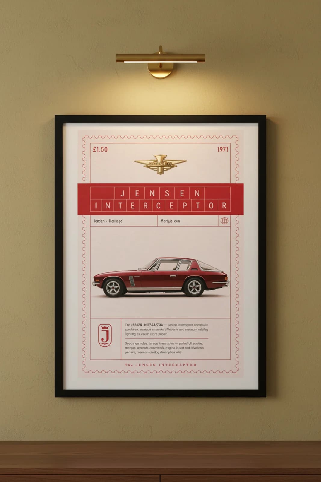 Interceptor poster in black A2 frame on gold-jensen-wings lime-wash wall — Heritage Icons collector lounge mockup