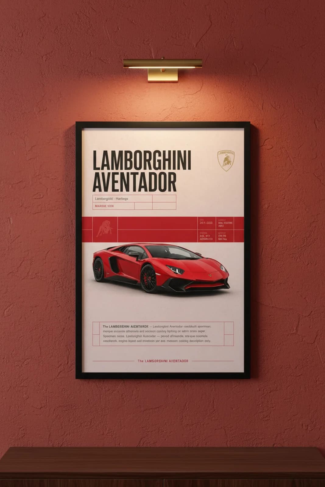 Aventador poster in black A2 frame on rosso-red lime-wash wall — Heritage Icons collector lounge mockup