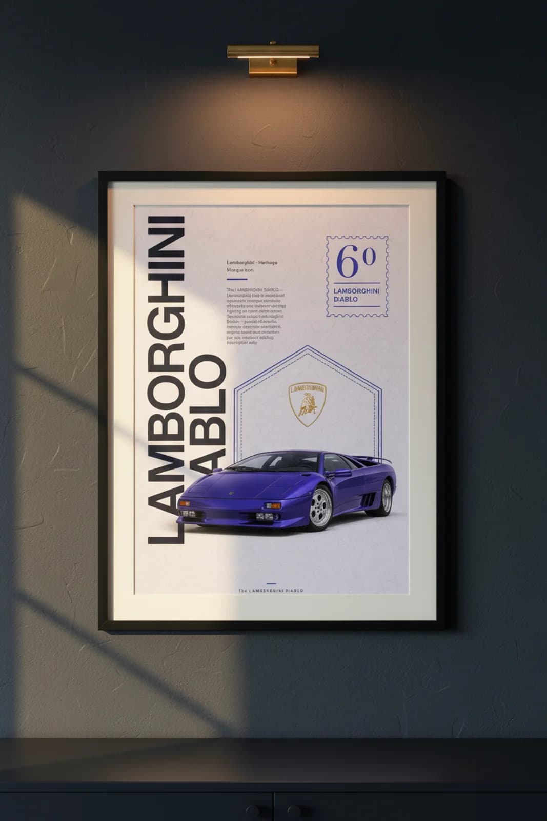 Diablo poster in black A2 frame on navy-vertical-type lime-wash wall — Heritage Icons collector lounge mockup