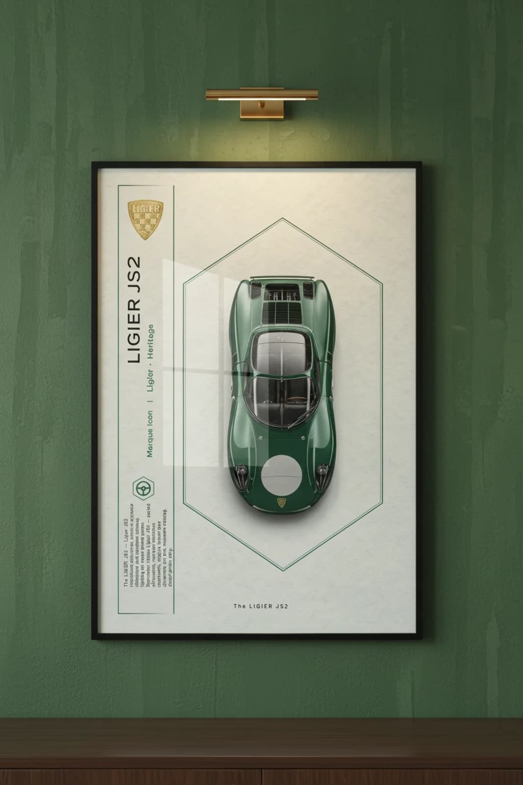 JS2 poster in black A2 frame on british-racing-green lime-wash wall — Heritage Icons collector lounge mockup