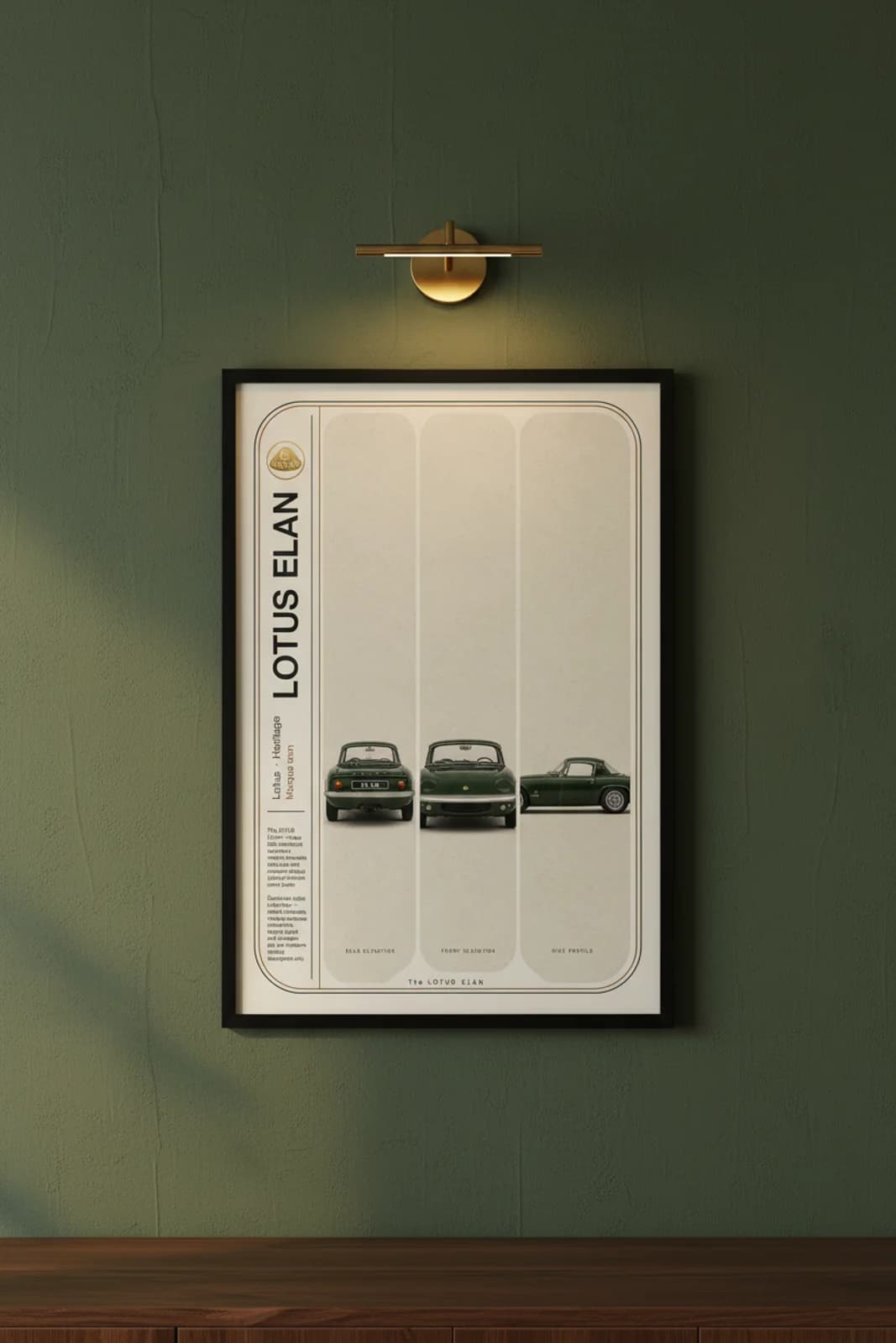 Elan poster in black A2 frame on british-racing-green lime-wash wall — Heritage Icons collector lounge mockup