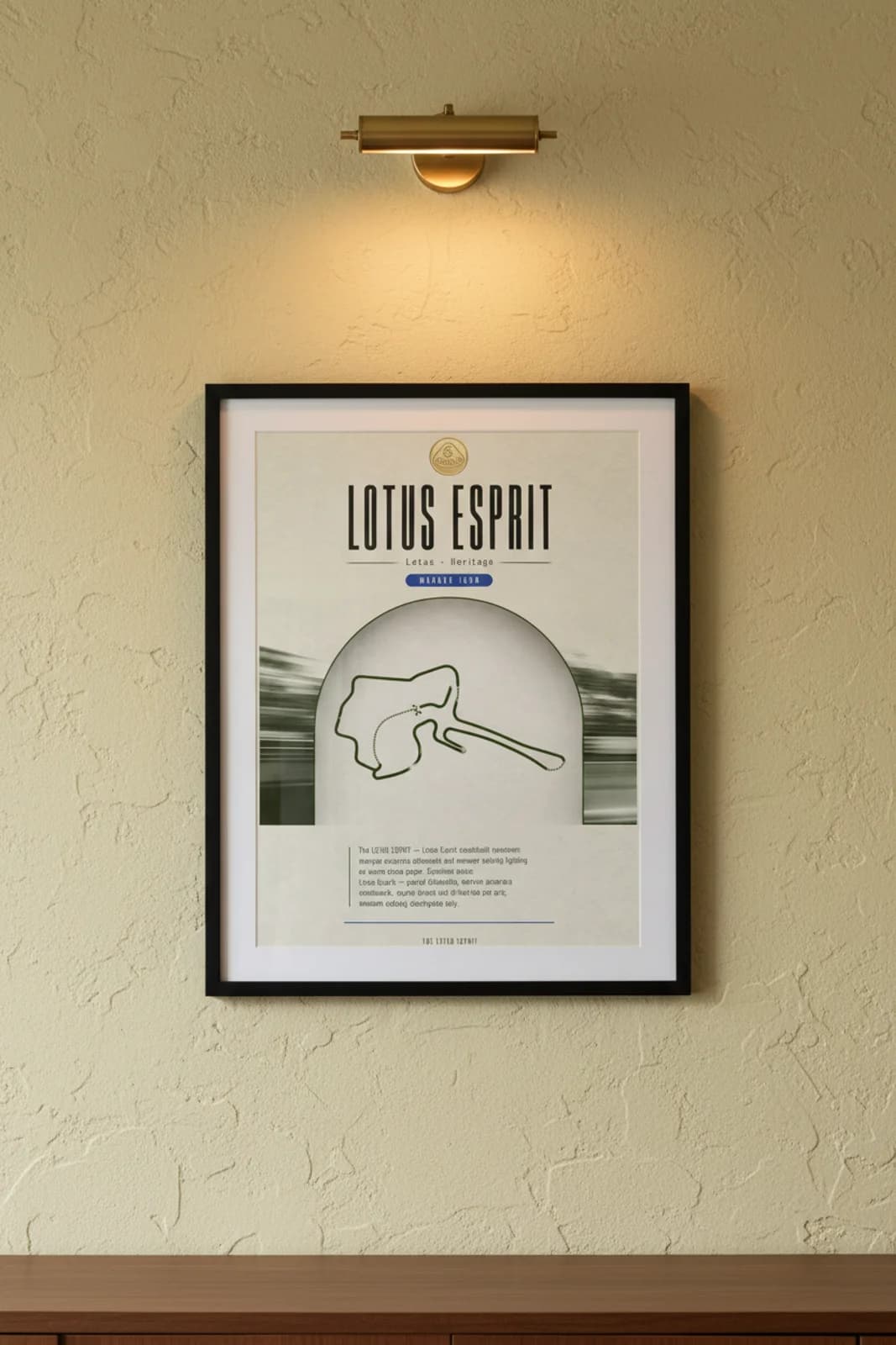 Esprit poster in black A2 frame on gold-lotus-badge lime-wash wall — Heritage Icons collector lounge mockup