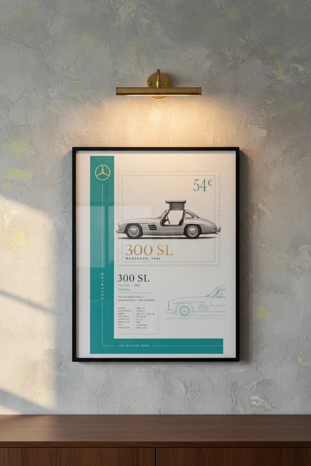 Mercedes-Benz 300 SL poster in black A2 frame on silver-gullwing lime-wash wall — Heritage Icons collector lounge mockup