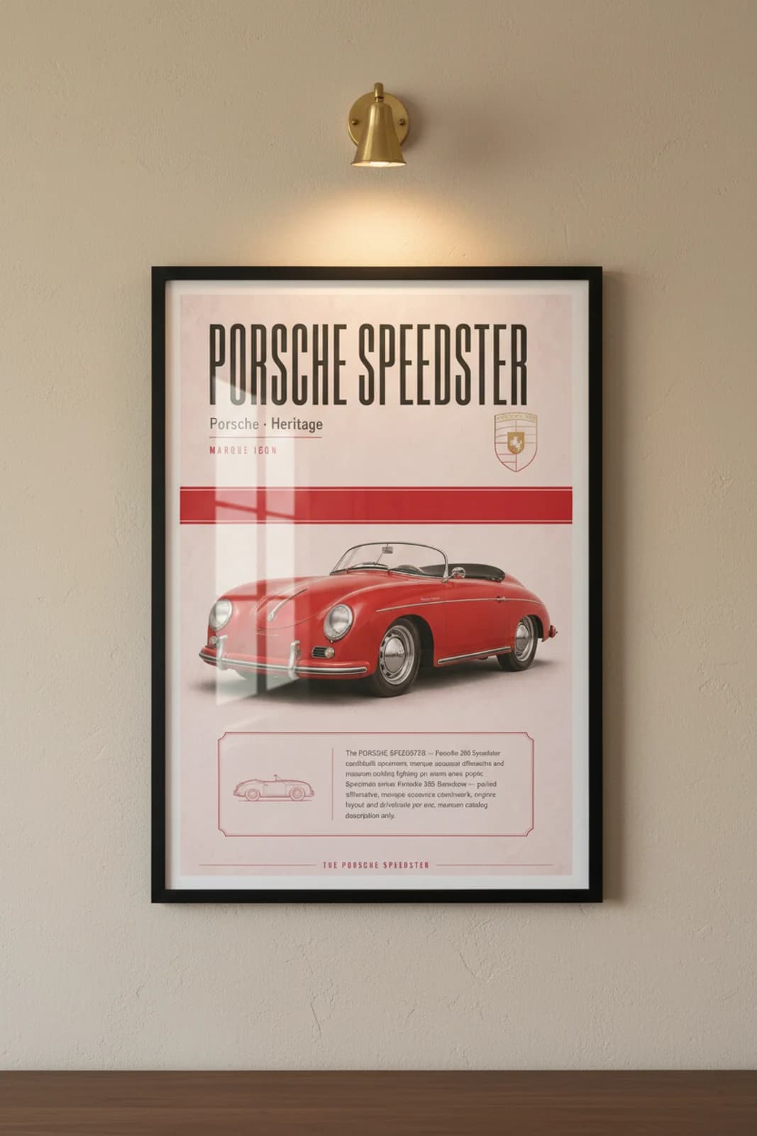 Porsche 356 Speedster poster in black A2 frame on glossy-red-speedster lime-wash wall — Heritage Icons collector lounge mockup