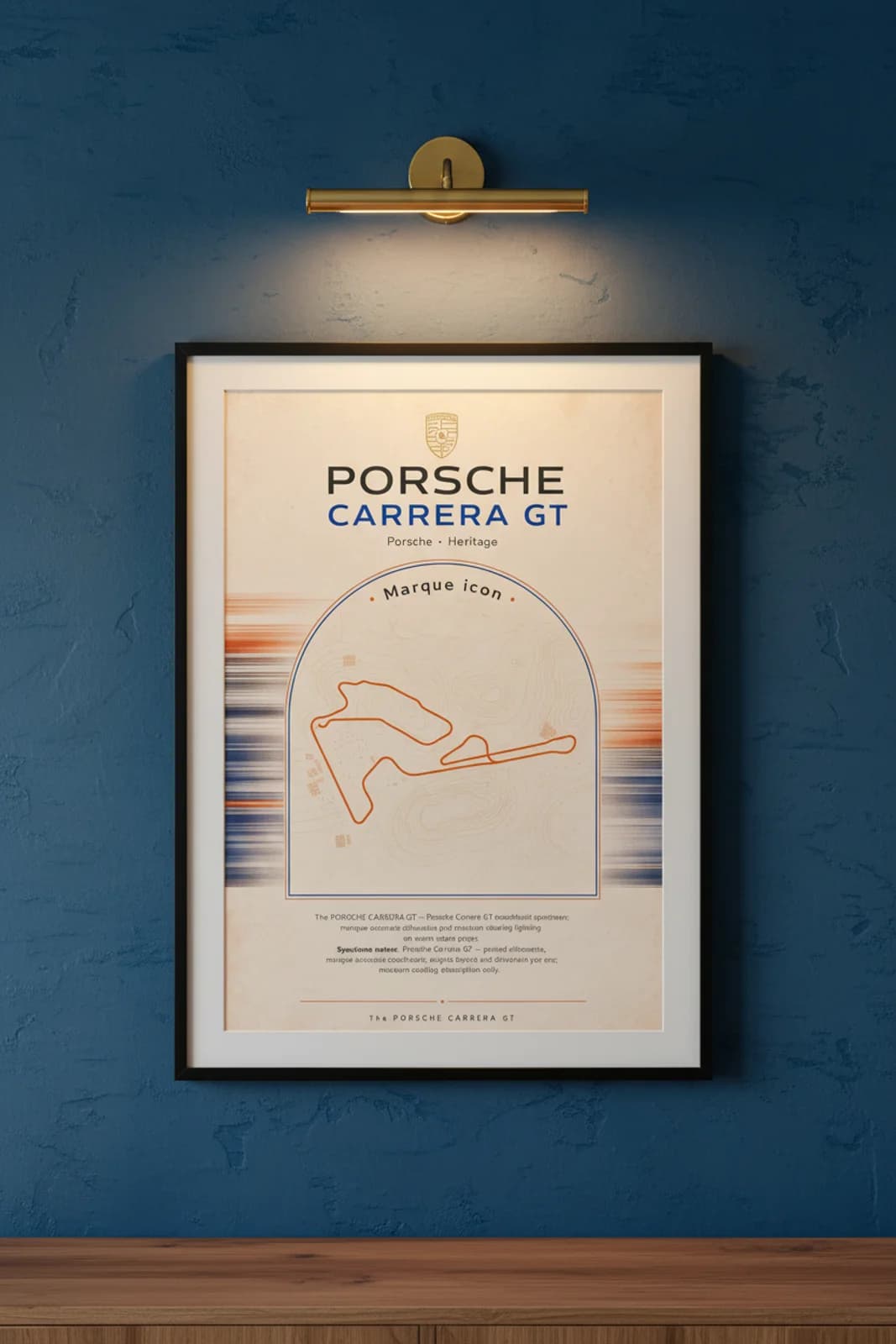 Porsche Carrera GT poster in black A2 frame on royal-blue-type lime-wash wall — Heritage Icons collector lounge mockup