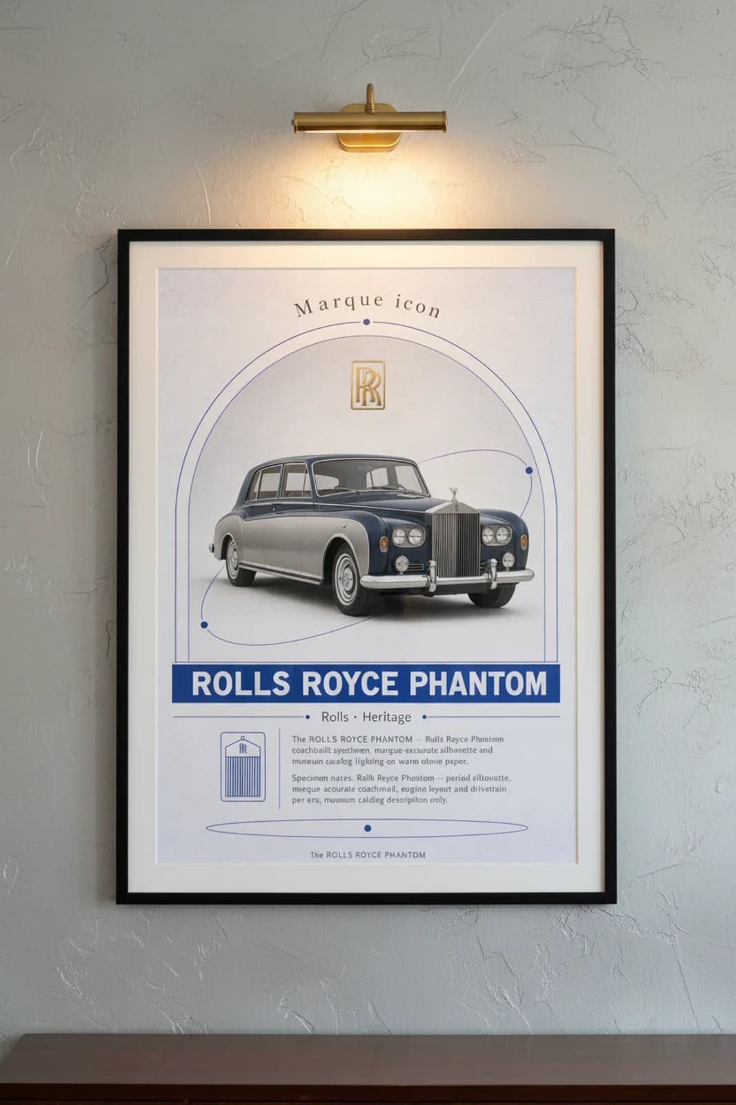 Phantom poster in black A2 frame on silver-grey lime-wash wall — Heritage Icons collector lounge mockup