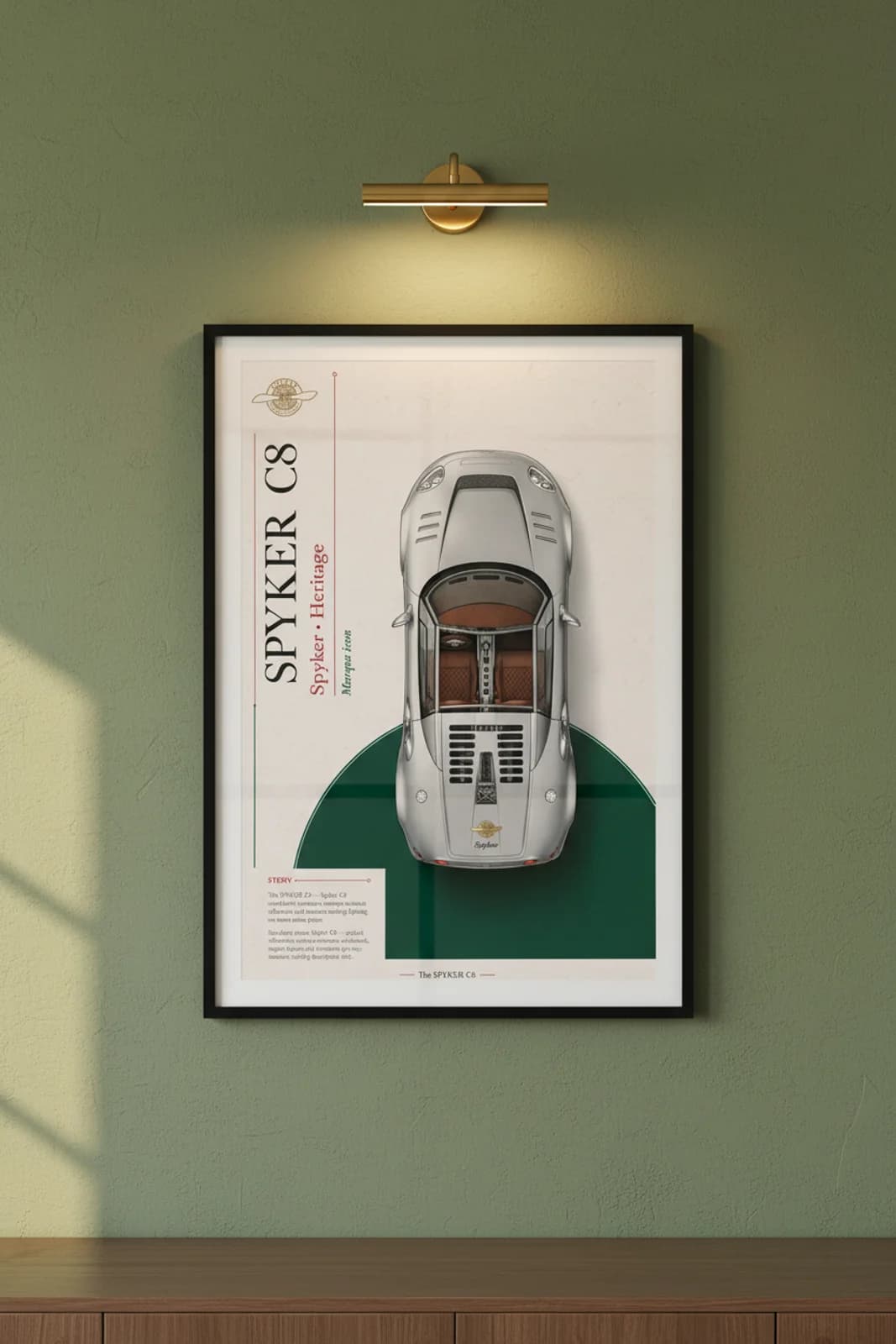 C8 poster in black A2 frame on british-racing-green lime-wash wall — Heritage Icons collector lounge mockup