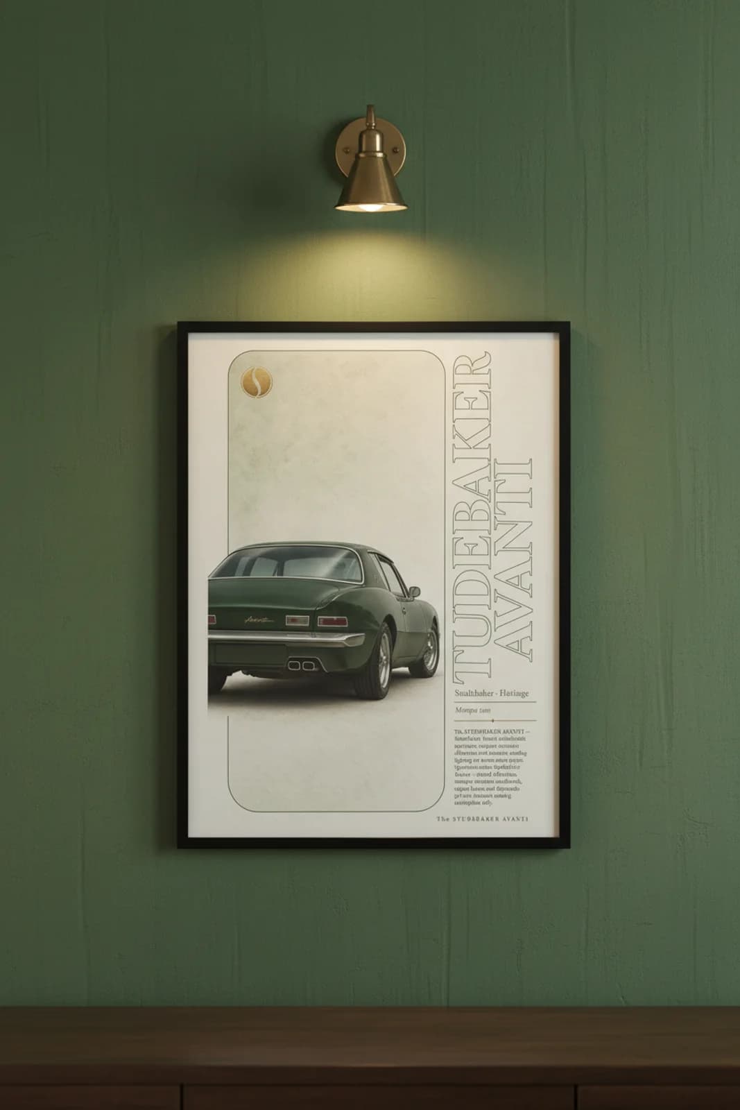Avanti poster in black A2 frame on forest-green lime-wash wall — Heritage Icons collector lounge mockup
