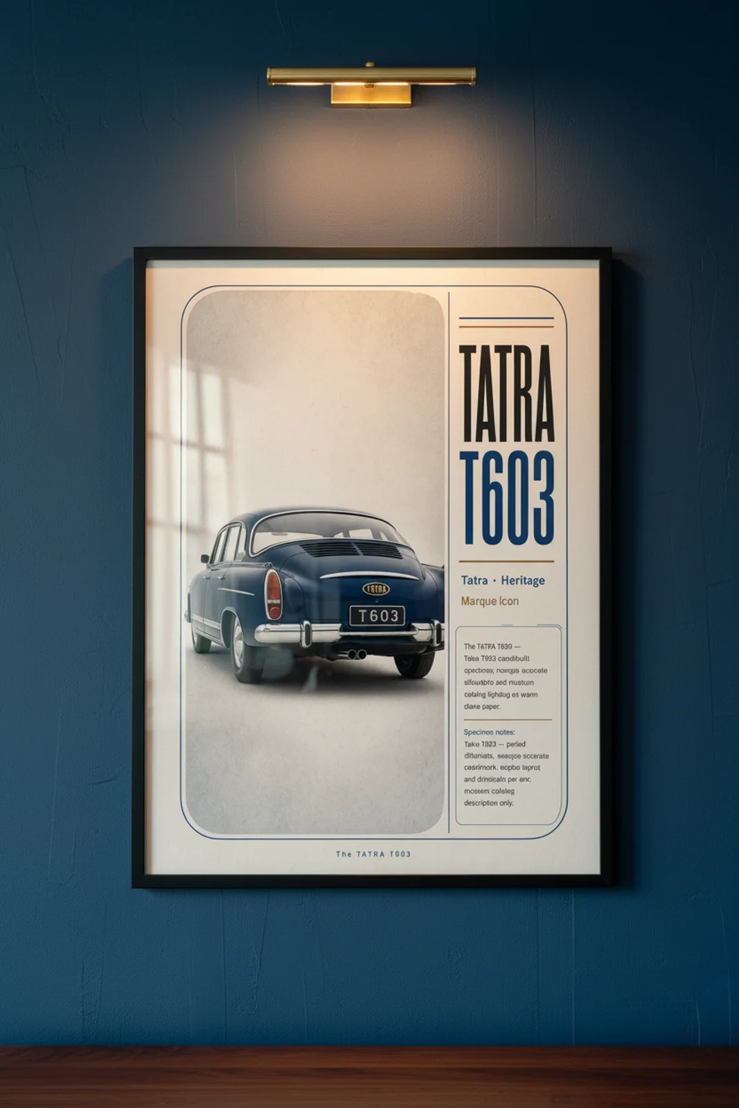 T603 poster in black A2 frame on tatra-blue lime-wash wall — Heritage Icons collector lounge mockup
