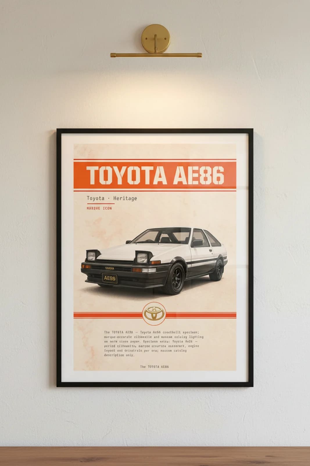 AE86 poster in black A2 frame on panda-white-black lime-wash wall — Heritage Icons collector lounge mockup