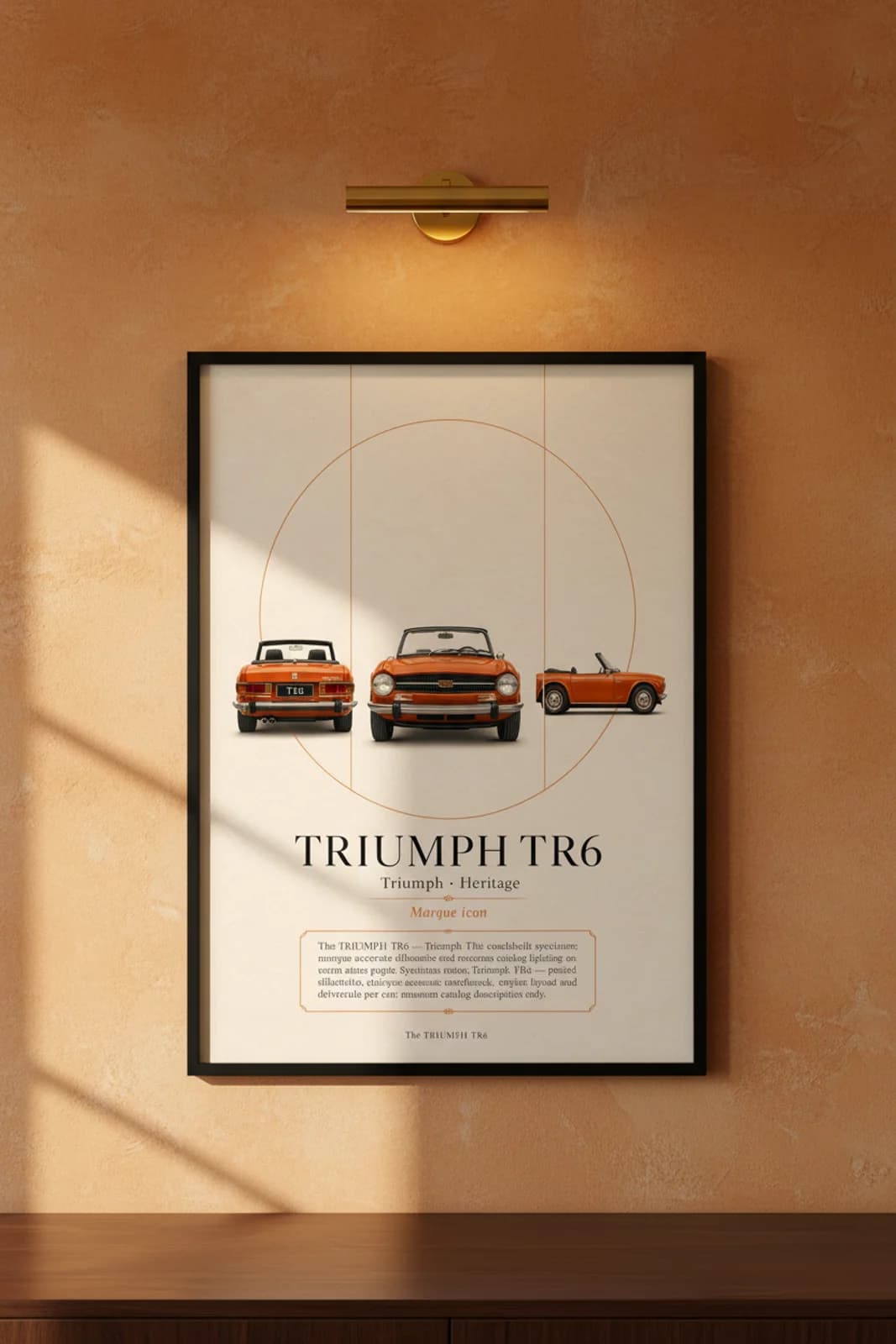 TR6 poster in black A2 frame on orange-script-marque lime-wash wall — Heritage Icons collector lounge mockup