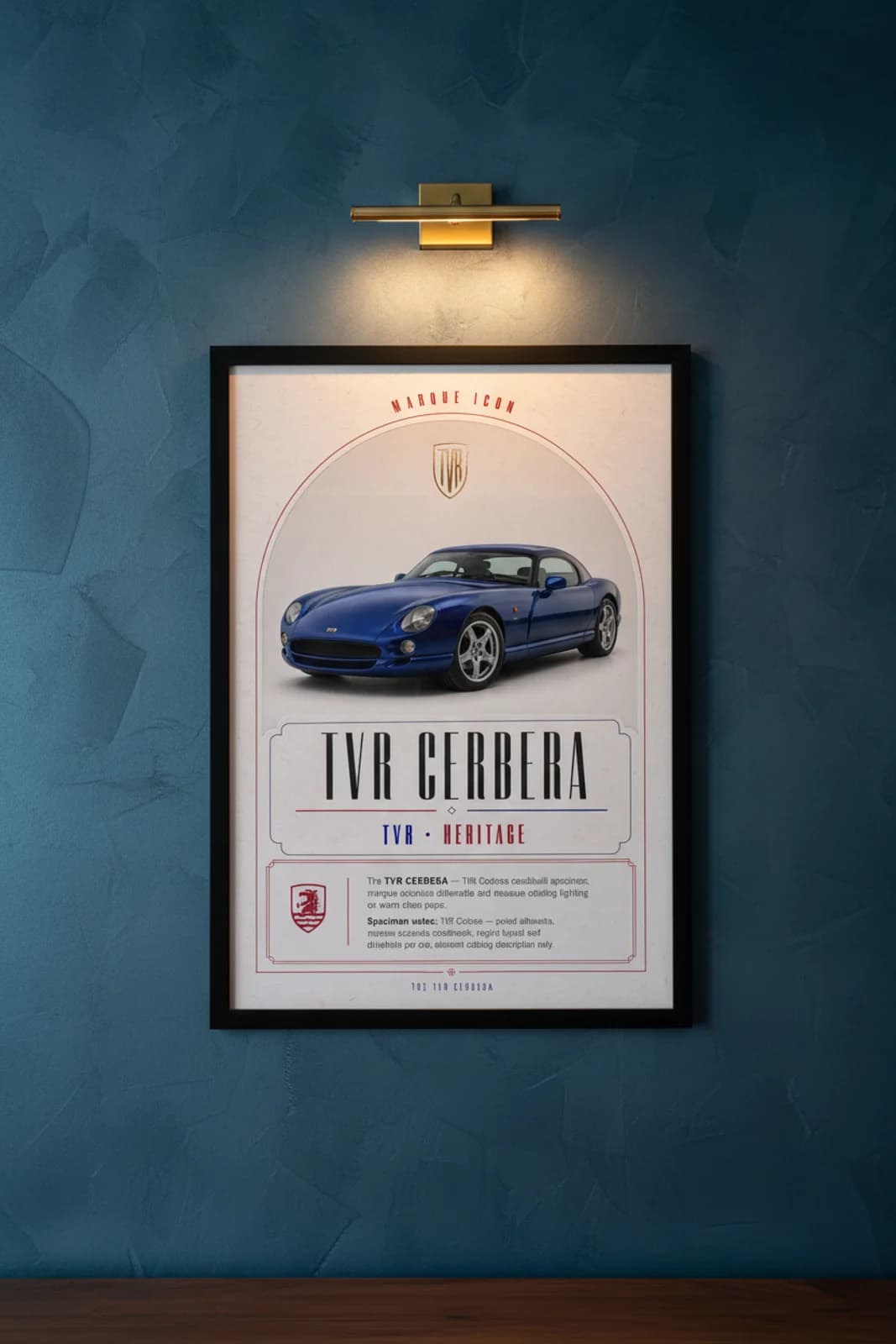 Cerbera poster in black A2 frame on blue-metallic lime-wash wall — Heritage Icons collector lounge mockup