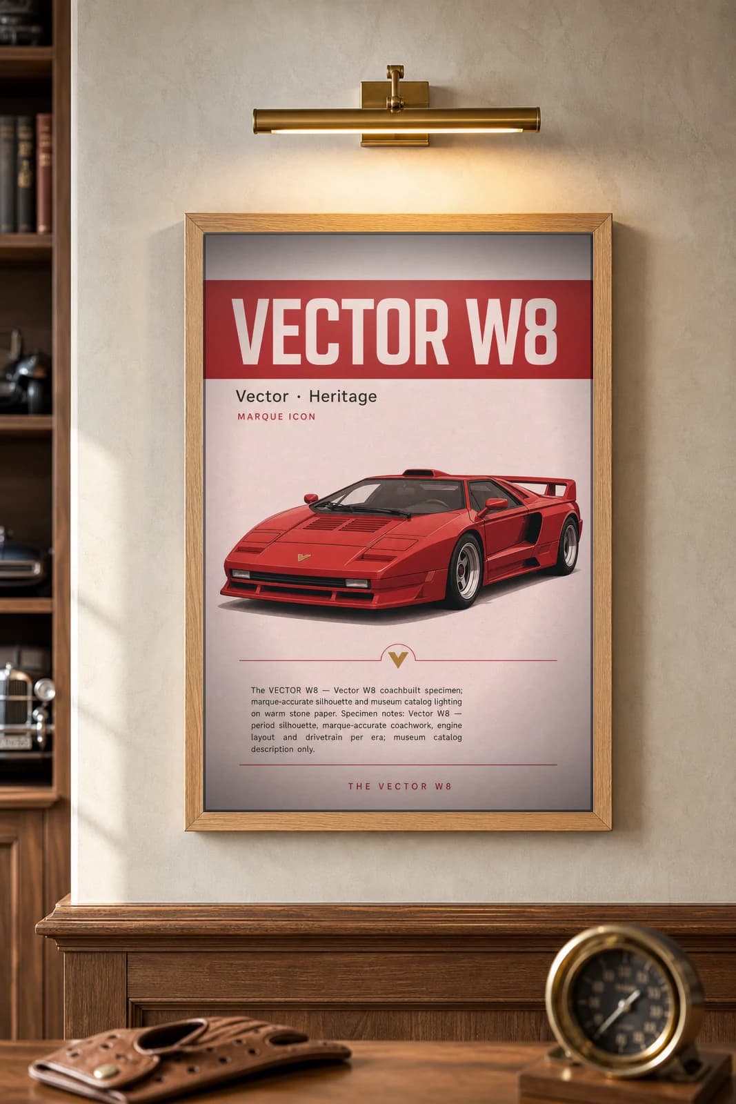 W8 poster in black A2 frame on rosso-red lime-wash wall — Heritage Icons collector lounge mockup