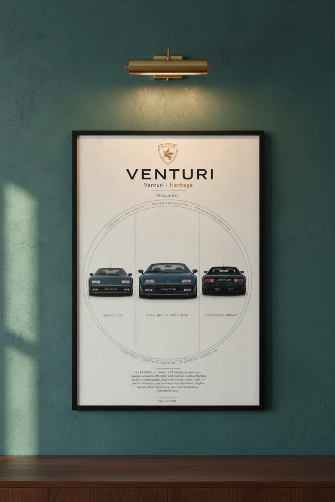 260 poster in black A2 frame on teal-metallic lime-wash wall — Heritage Icons collector lounge mockup