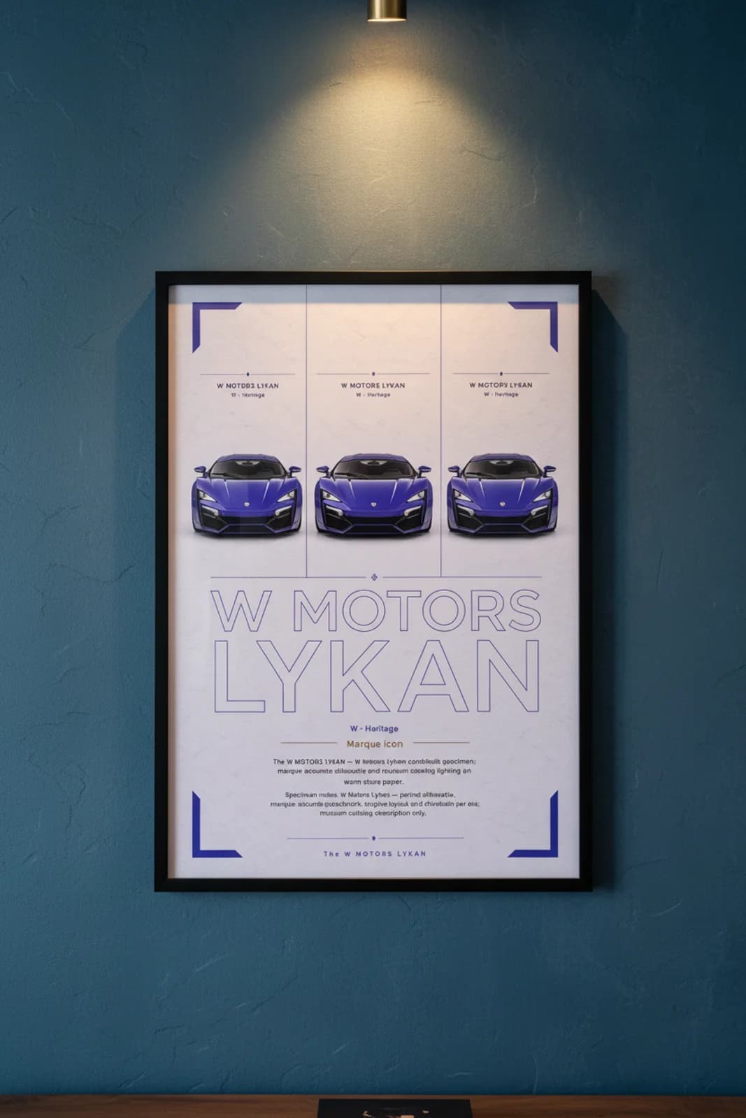 Lykan HyperSport poster in black A2 frame on metallic-blue lime-wash wall — Heritage Icons collector lounge mockup