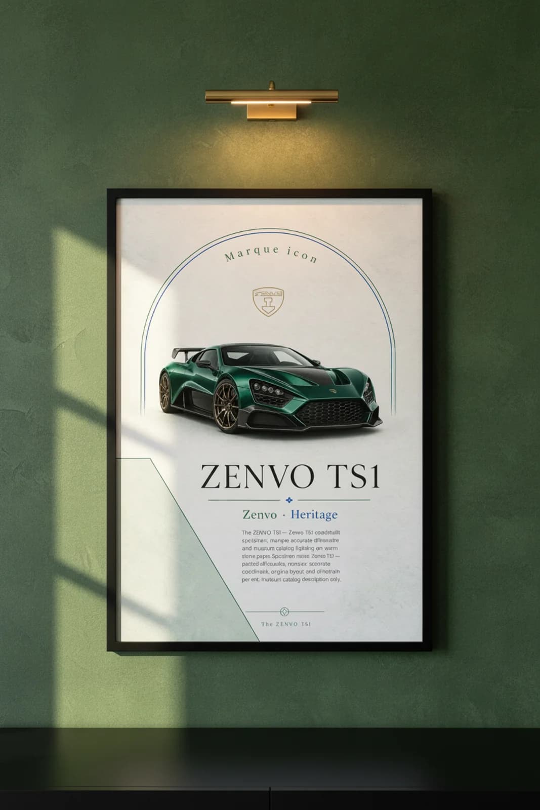 TS1 poster in black A2 frame on green-metallic lime-wash wall — Heritage Icons collector lounge mockup