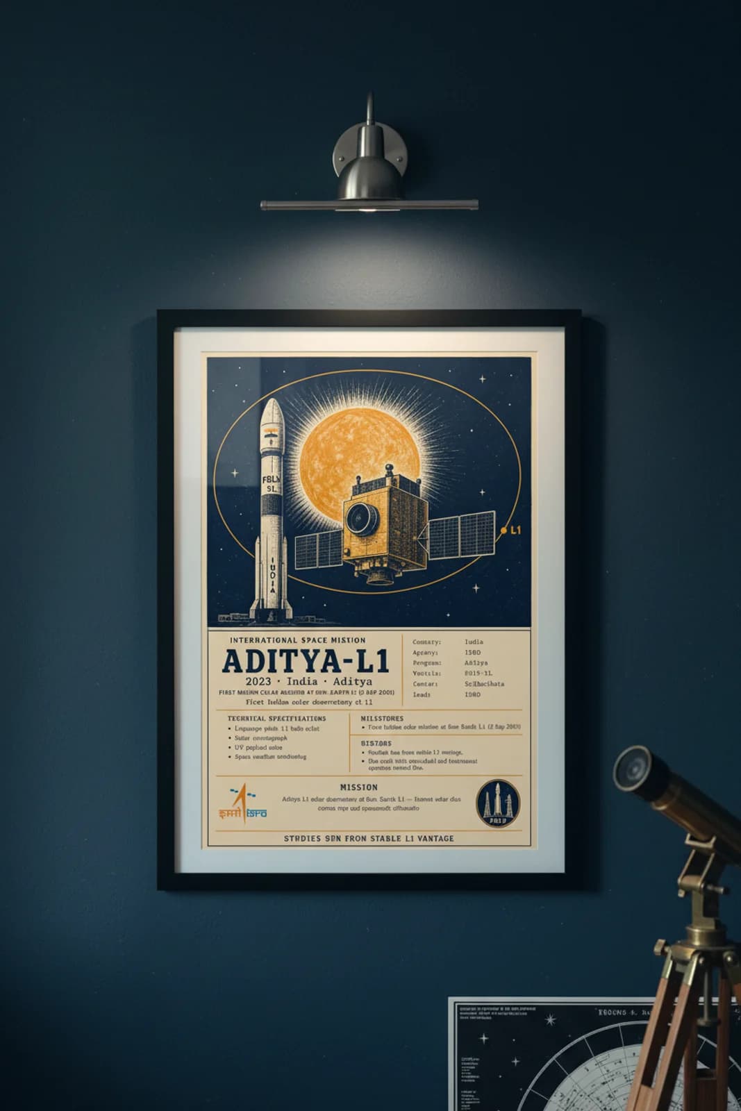 Aditya-L1 international space print in black A2 frame on aditya-l1-accent deep-navy wall — International Space mockup