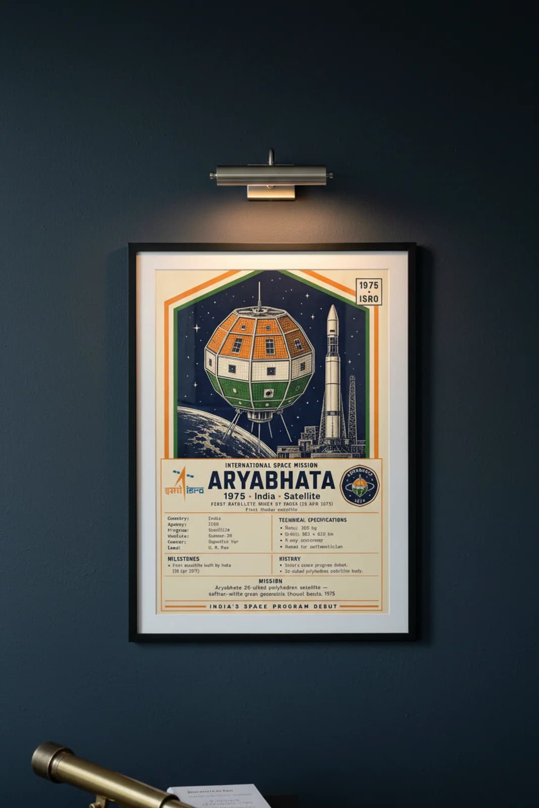 Aryabhata international space print in black A2 frame on aryabhata-accent deep-navy wall — International Space mockup