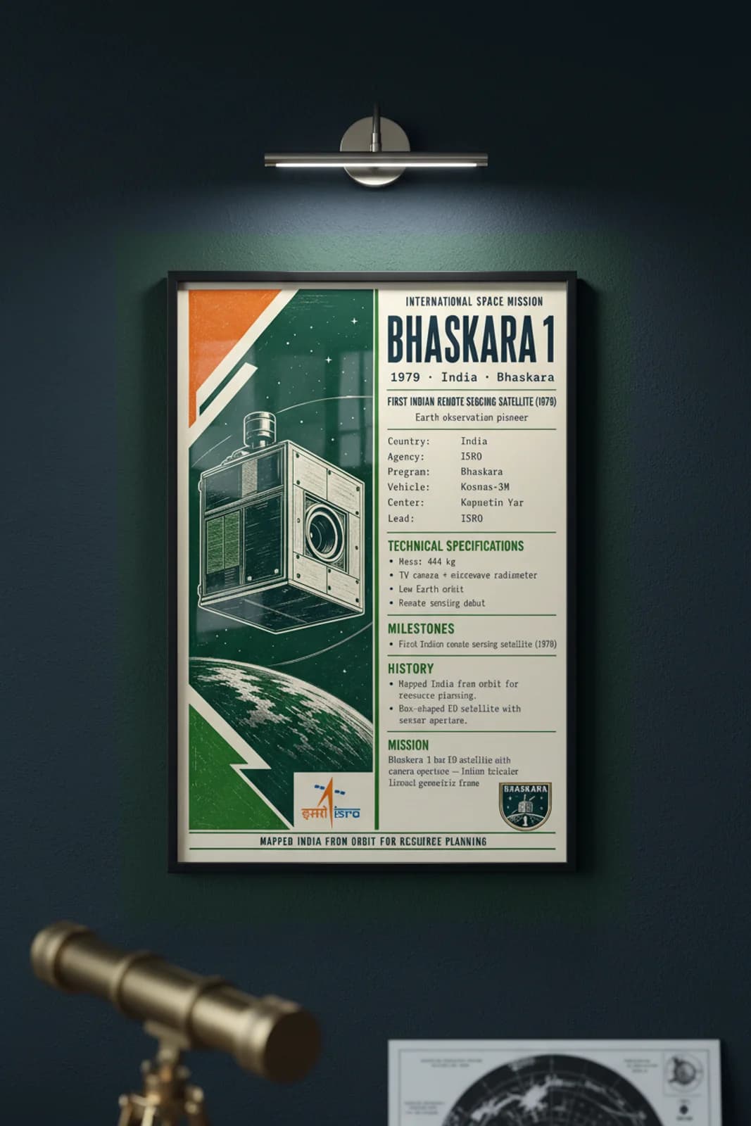 Bhaskara 1 international space print in black A2 frame on bhaskara-1-accent deep-navy wall — International Space mockup
