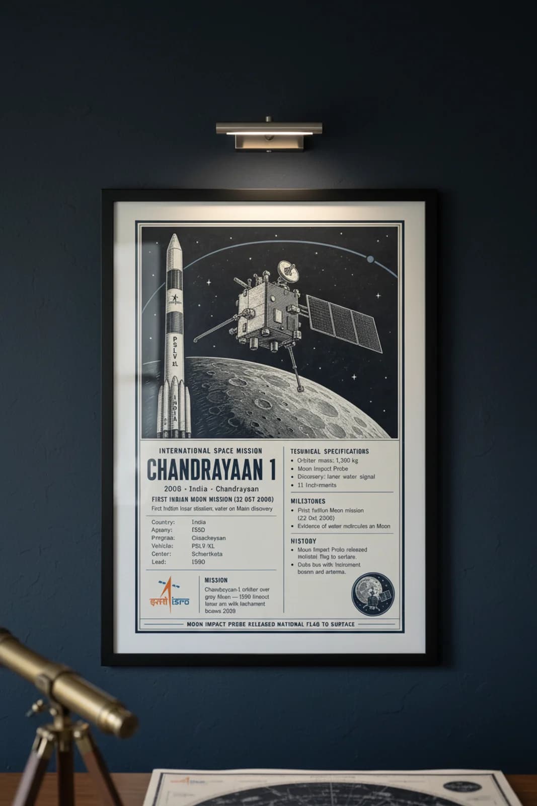 Chandrayaan-1 international space print in black A2 frame on chandrayaan-1-accent deep-navy wall — International Space mockup