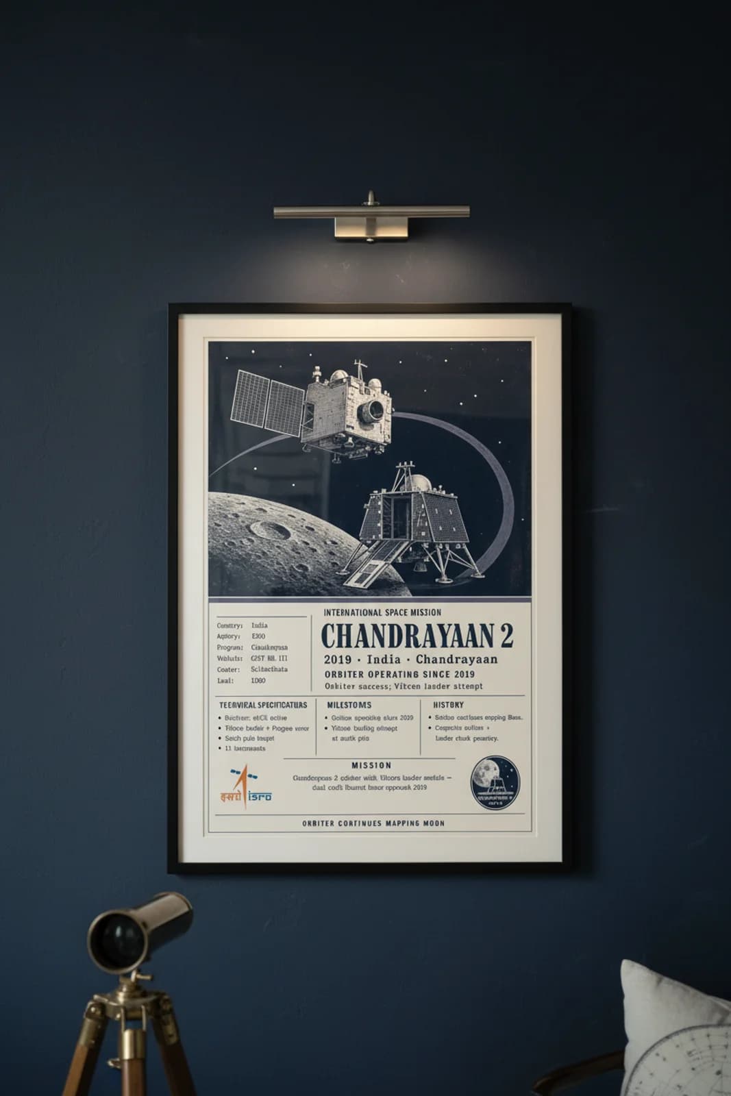 Chandrayaan-2 international space print in black A2 frame on chandrayaan-2-accent deep-navy wall — International Space mockup