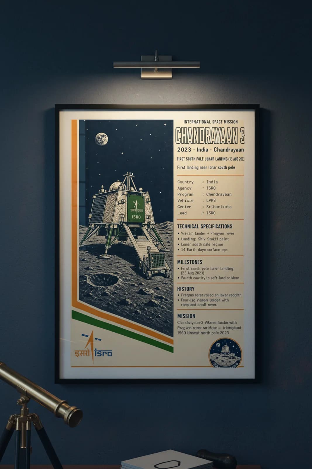 Chandrayaan 3 international space print in black A2 frame on chandrayaan-3-accent deep-navy wall — International Space mockup